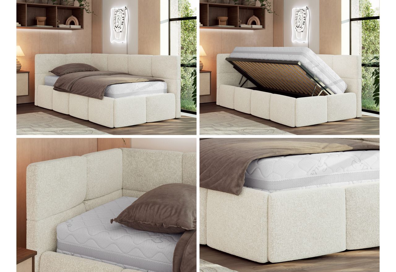 Łóżko młodzieżowe - ARVO 90x200 - materac piankowy - kremowy, struktura - strona lewa