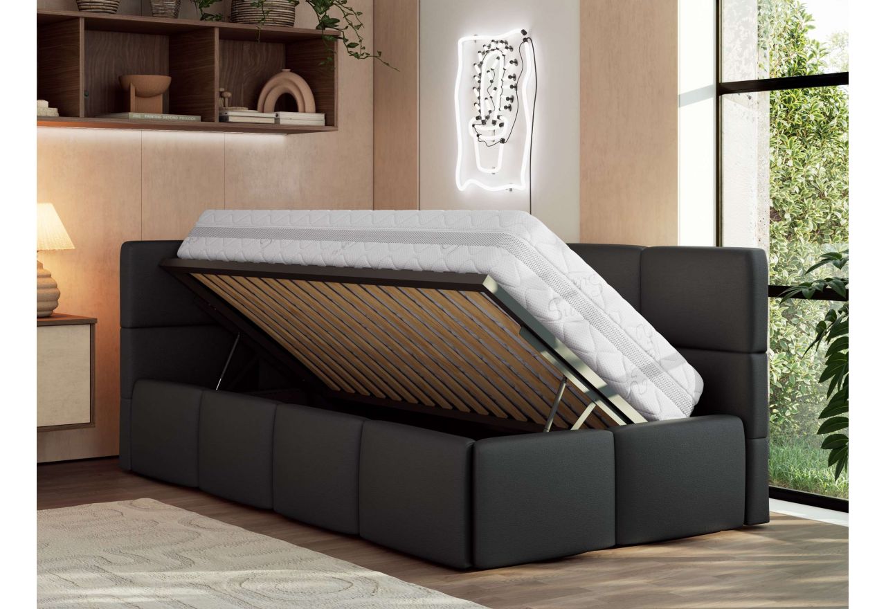 Łóżko młodzieżowe - ARVO 90x200 - materac multipocket - czarny, ekoskóra - strona lewa