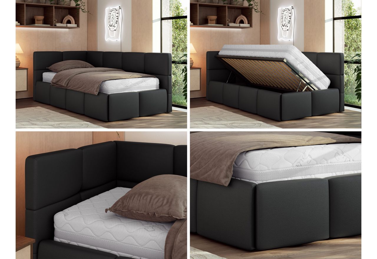 Łóżko młodzieżowe - ARVO 90x200 - materac multipocket - czarny, ekoskóra - strona lewa