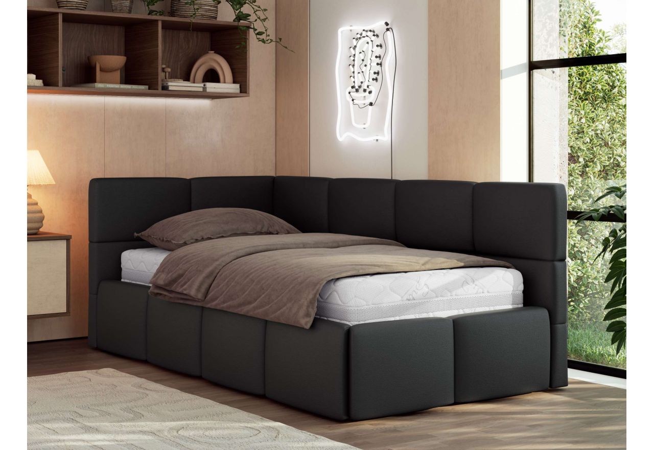 Łóżko młodzieżowe - ARVO 90x200 - materac pocket - czarny, ekoskóra - strona lewa