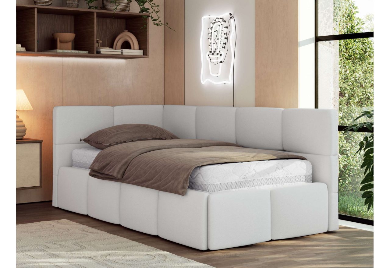 Łóżko młodzieżowe - ARVO 90x200 - materac piankowy - biały, ekoskóra - strona lewa