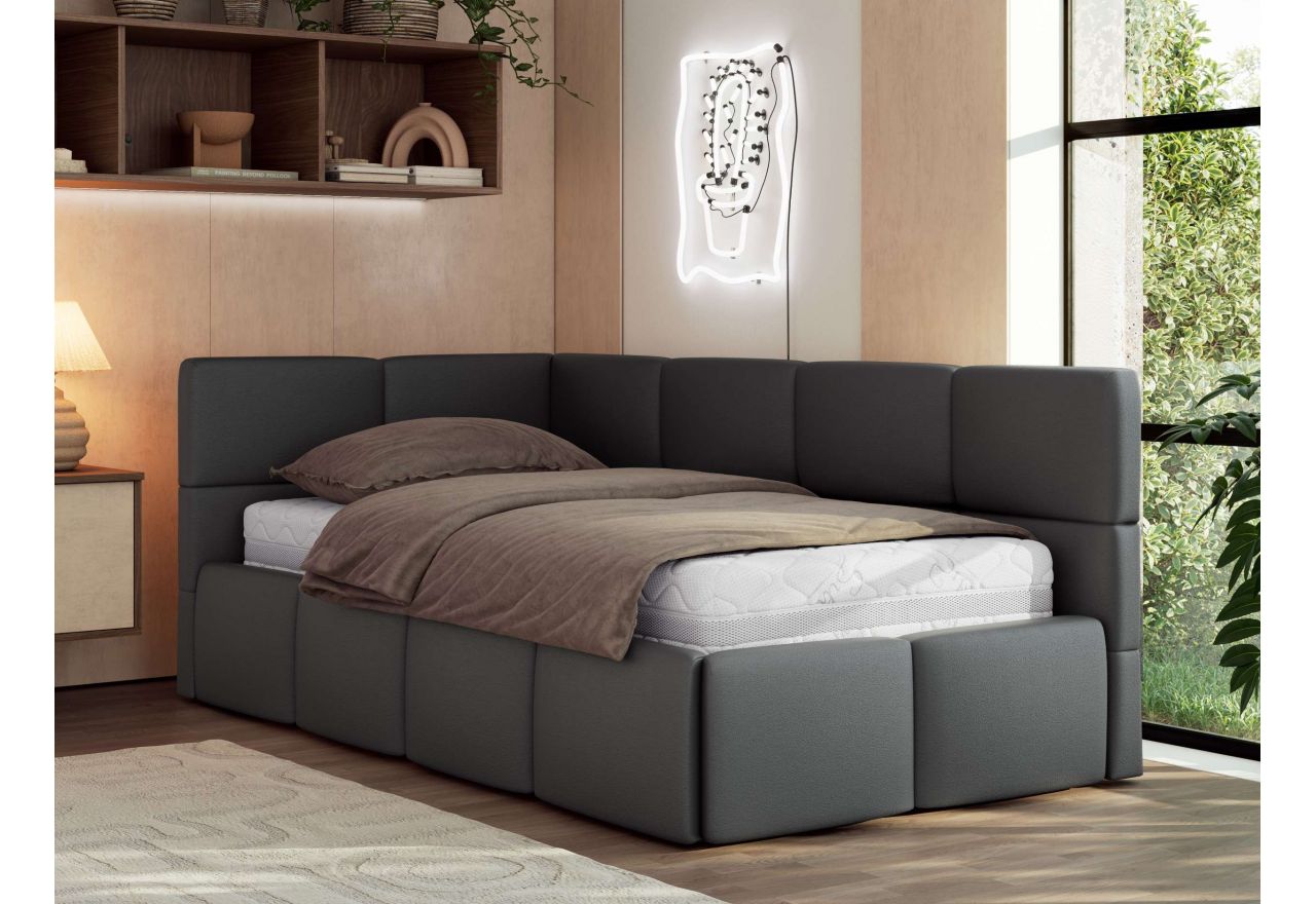 Łóżko młodzieżowe - ARVO 90x200 - materac multipocket - szary, ekoskóra - strona lewa