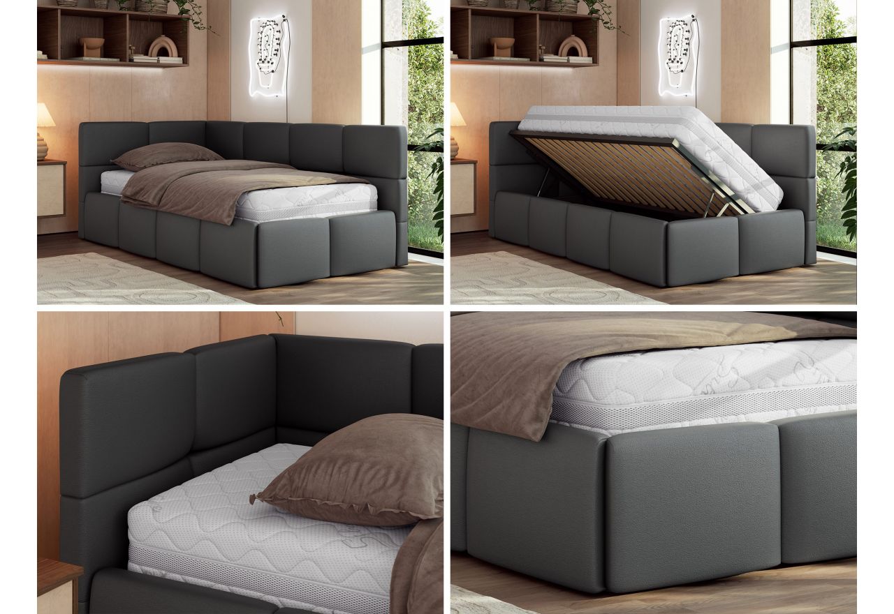 Łóżko młodzieżowe - ARVO 90x200 - materac pocket - szary, ekoskóra - strona lewa