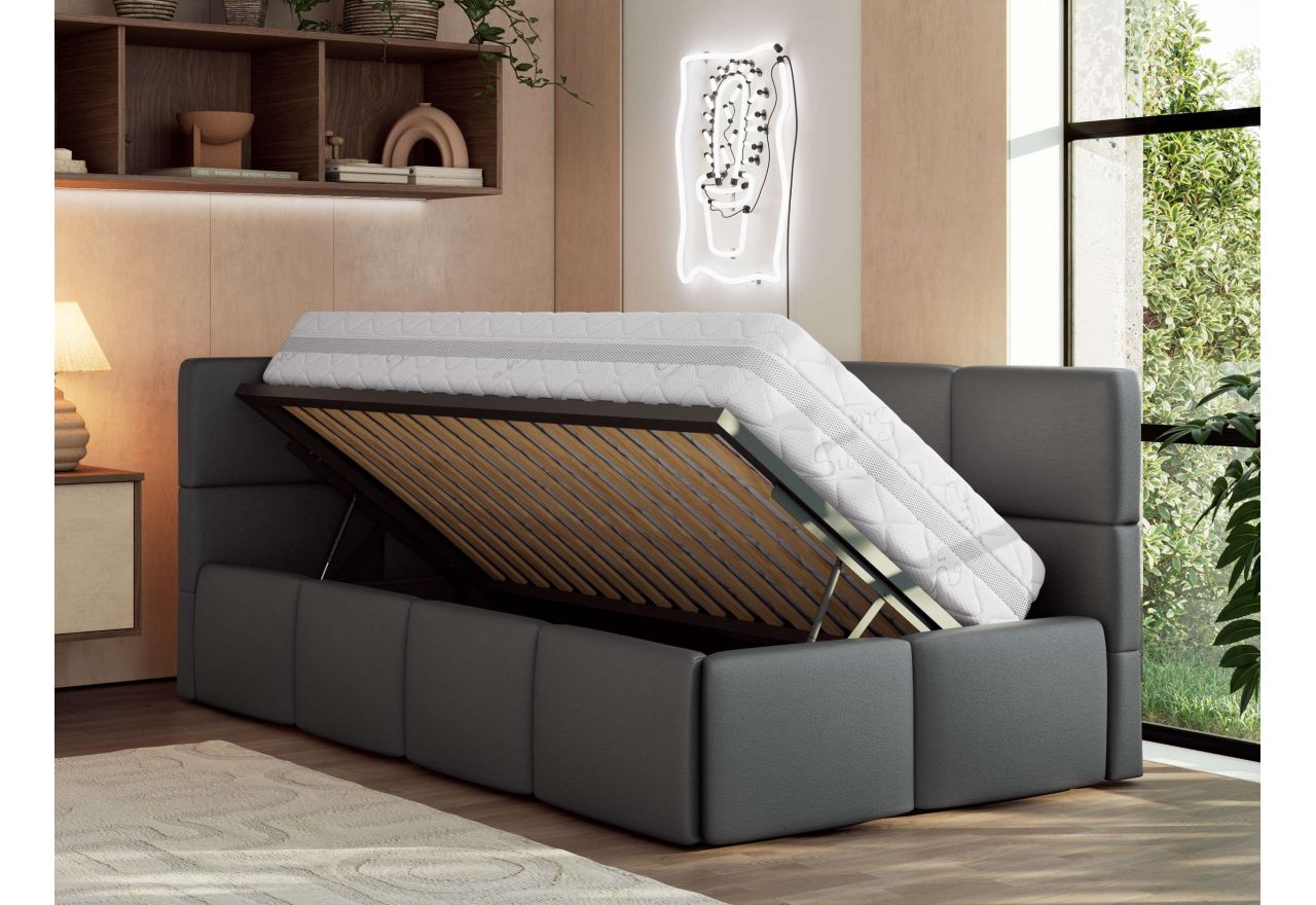 Łóżko młodzieżowe - ARVO 90x200 - materac piankowy - szary, ekoskóra - strona lewa