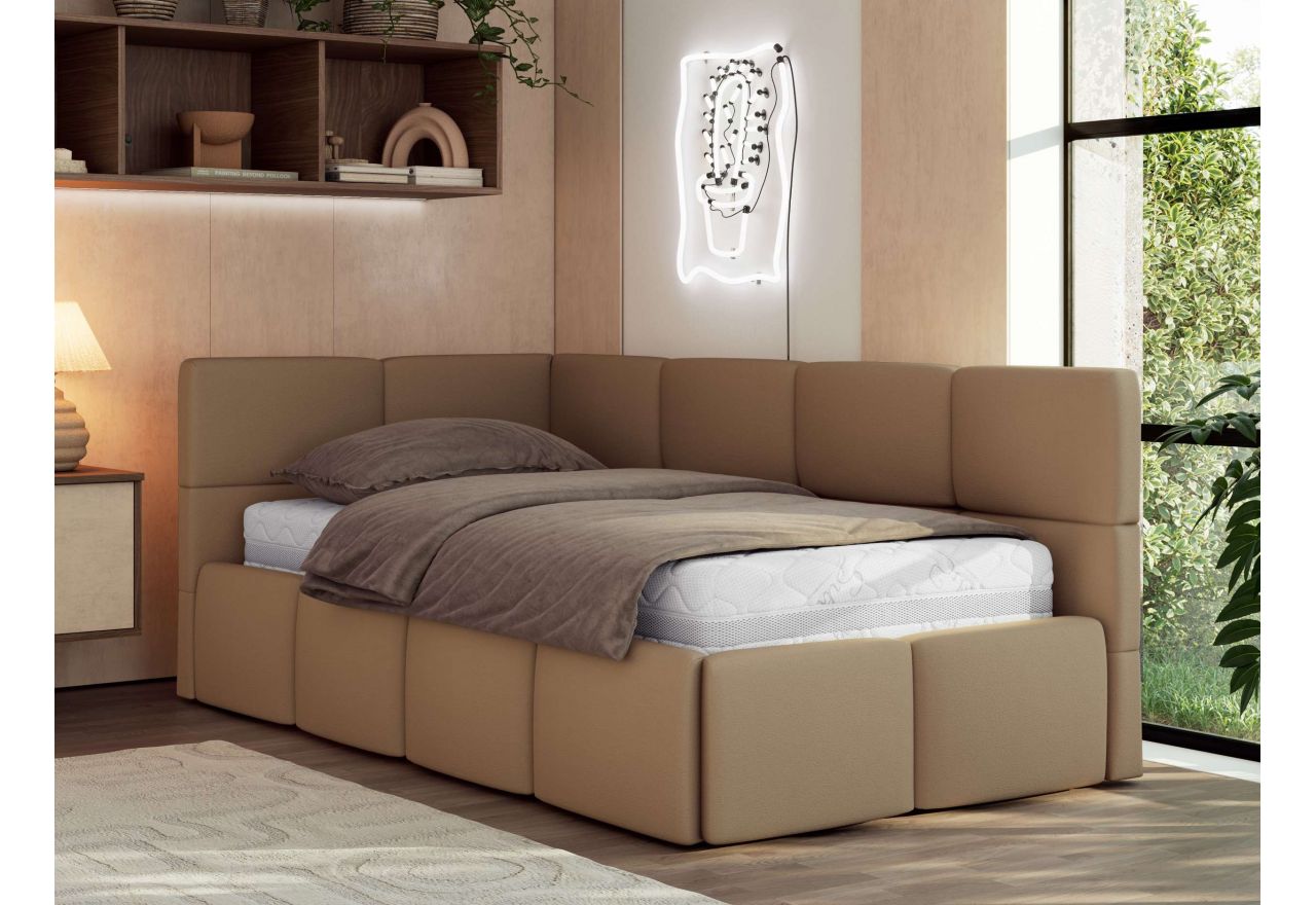 Łóżko młodzieżowe - ARVO 90x200 - materac piankowy - brązowy, ekoskóra - strona lewa