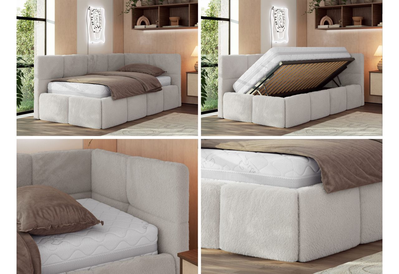 Łóżko młodzieżowe - ARVO 90x200 - materac pocket - jasnoszary, plusz - strona prawa