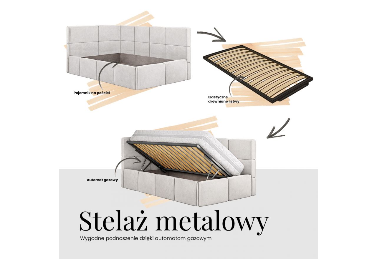 Łóżko młodzieżowe - ARVO 90x200 - materac pocket - jasnoszary, plusz - strona prawa