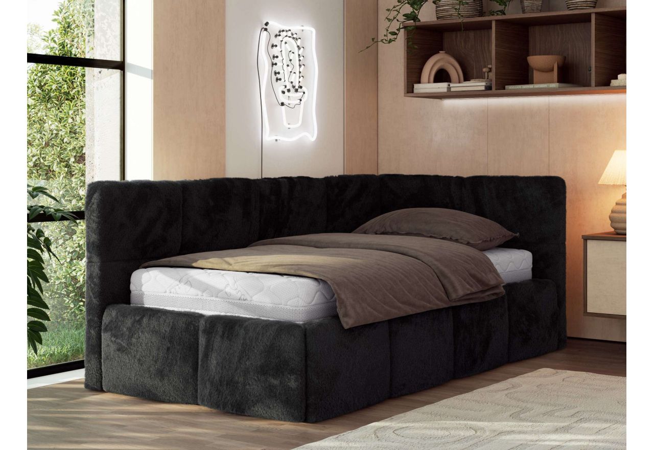 Łóżko młodzieżowe - ARVO 90x200 - materac multipocket - czarny, plusz - strona prawa