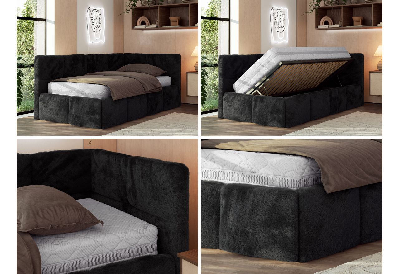 Łóżko młodzieżowe - ARVO 90x200 - materac multipocket - czarny, plusz - strona prawa