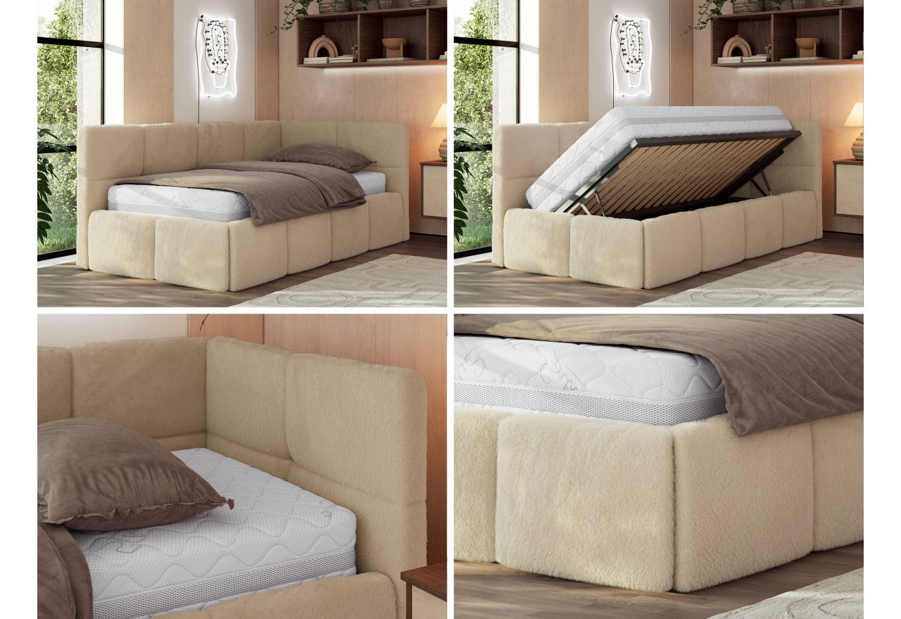 Łóżko młodzieżowe - ARVO 90x200 - materac pocket - beżowy, plusz - strona prawa