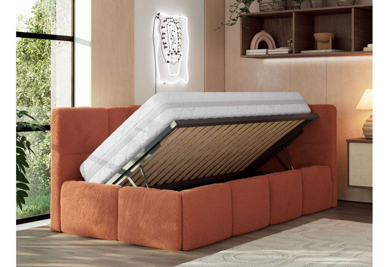 Łóżko młodzieżowe - ARVO 90x200 - materac piankowy - pomarańczowy, plusz - strona prawa