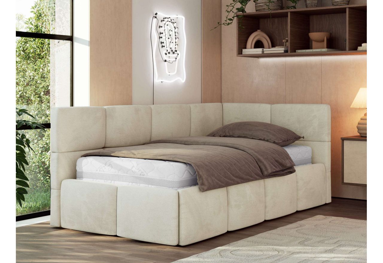 Łóżko młodzieżowe - ARVO 90x200 - materac pocket - beżowy, welwet - strona prawa