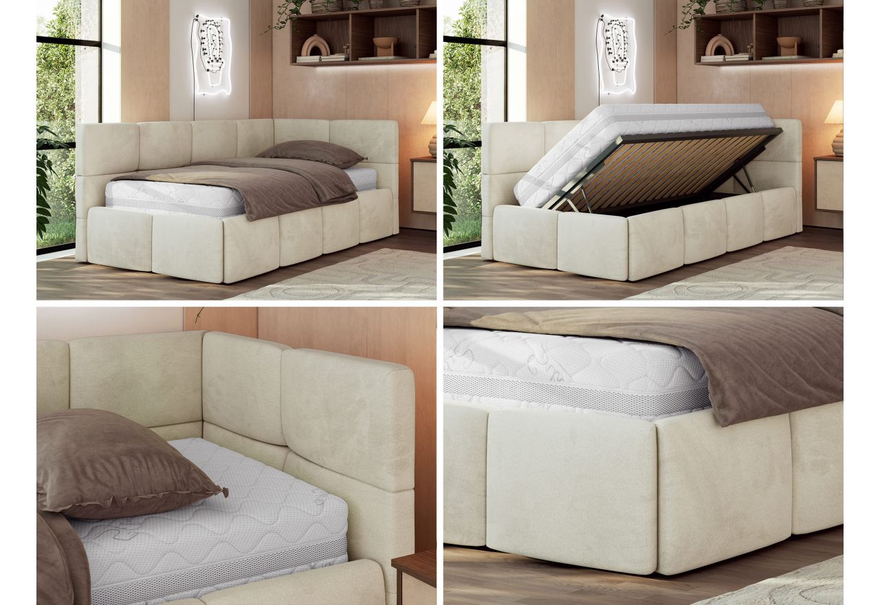 Łóżko młodzieżowe - ARVO 90x200 - materac pocket - beżowy, welwet - strona prawa