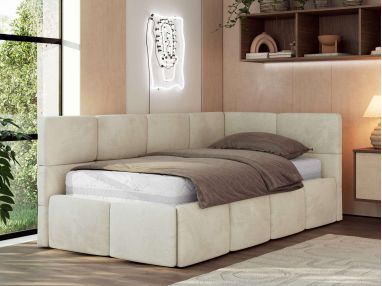 Łóżko młodzieżowe - ARVO 90x200 - materac piankowy - beżowy, welwet - strona prawa