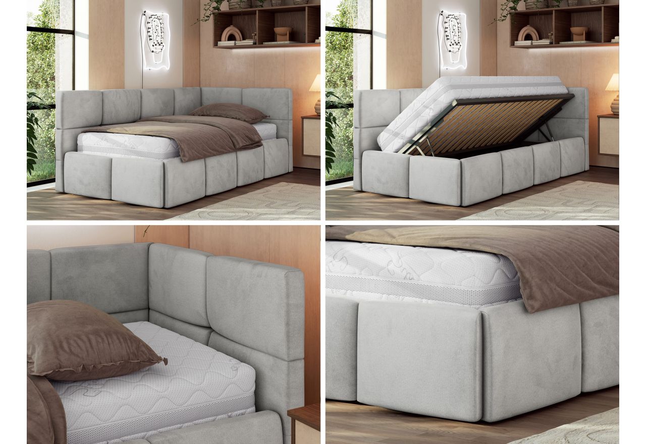 Łóżko młodzieżowe - ARVO 90x200 - materac multipocket - jasnoszary, welwet - strona prawa