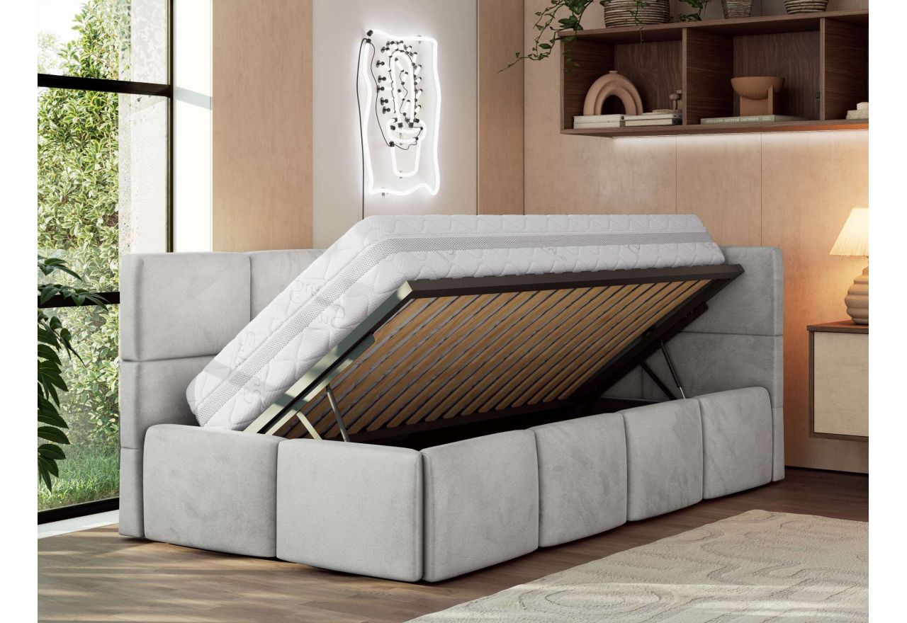 Łóżko młodzieżowe - ARVO 90x200 - materac pocket - jasnoszary, welwet - strona prawa