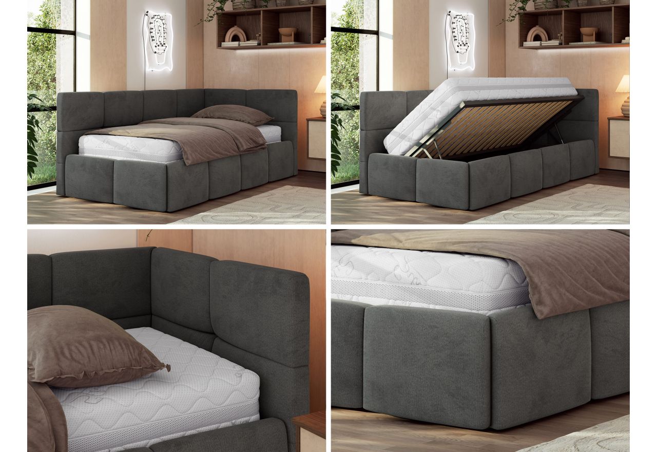 Łóżko młodzieżowe - ARVO 90x200 - materac piankowy - ciemnoszary, welwet - strona prawa