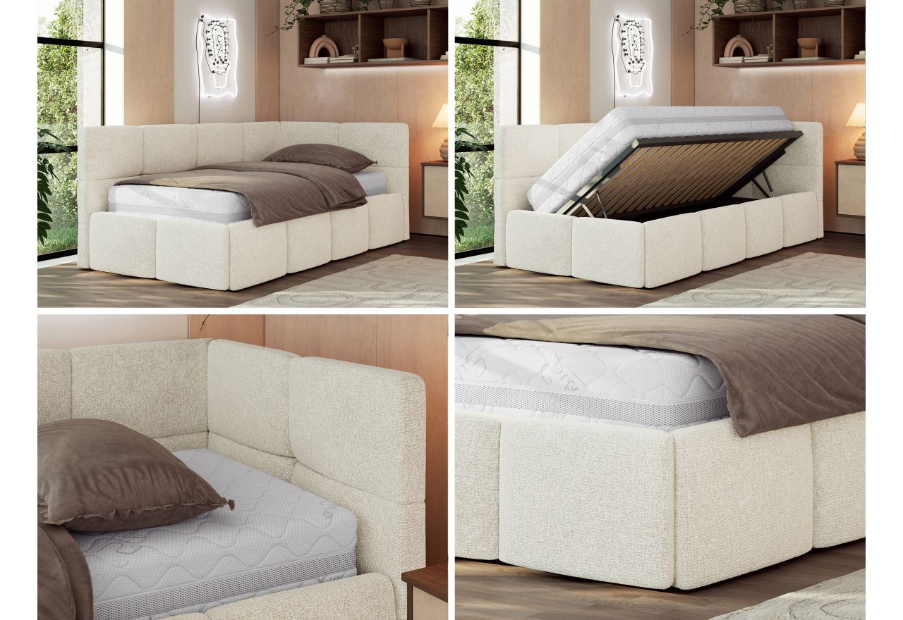 Łóżko młodzieżowe - ARVO 90x200 - materac pocket - kremowy, struktura - strona prawa