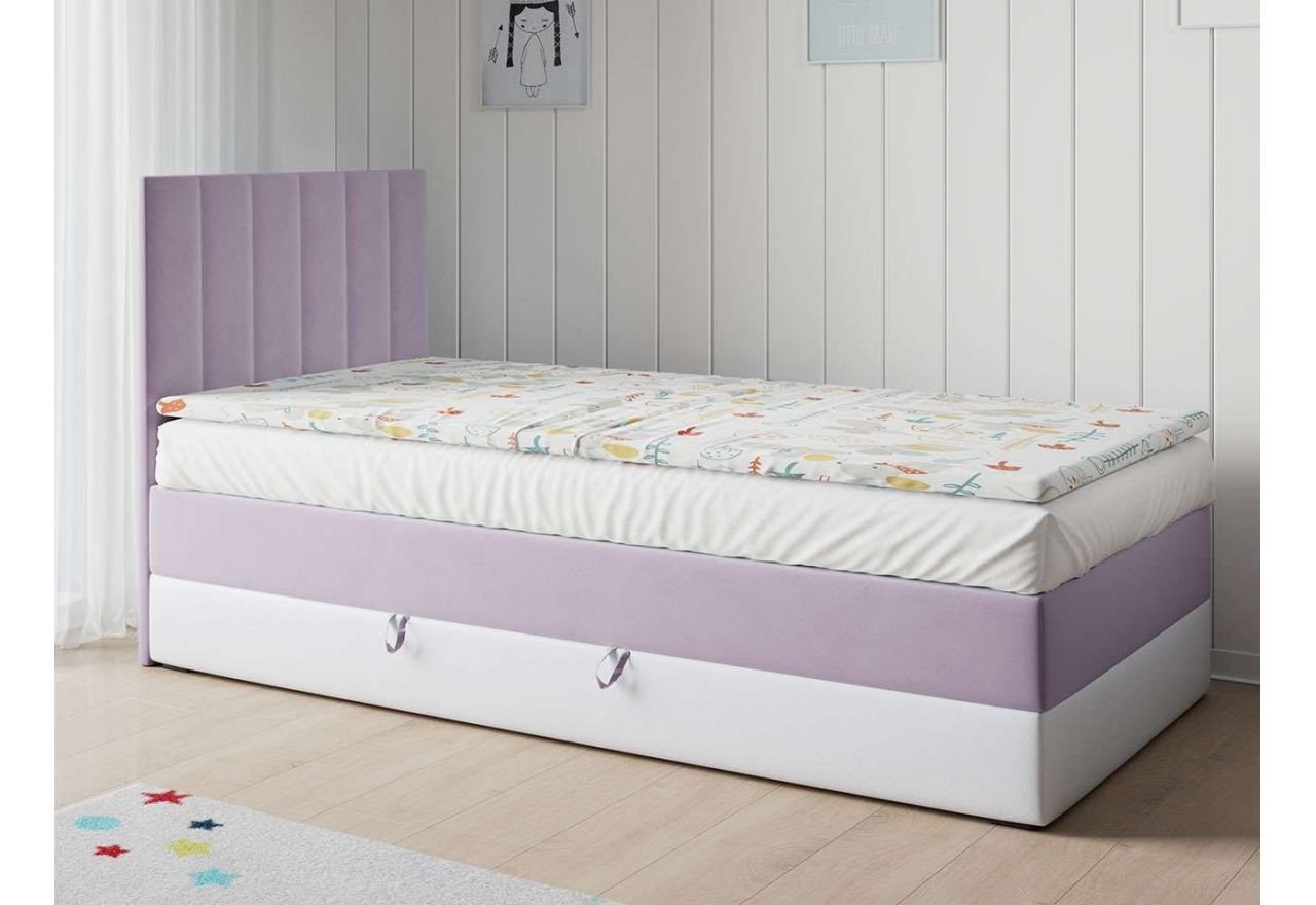 Stylowe kontynentalne łóżko, z pojemnikiem oraz opcją materaca - LAURA 1 z wrzosową welwetową tapicerką i białą ecoskórą
