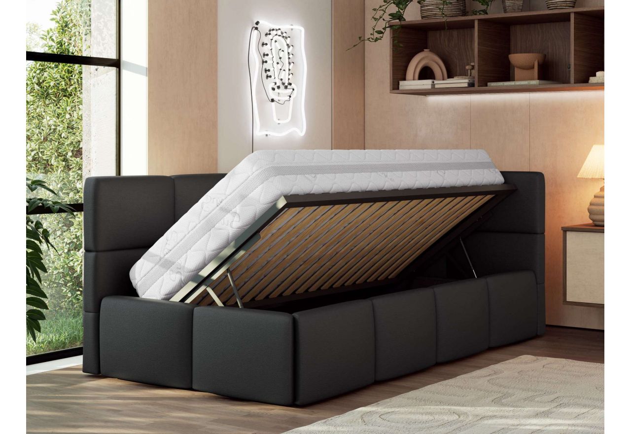 Łóżko młodzieżowe - ARVO 90x200 - materac multipocket - czarny, ekoskóra - strona prawa