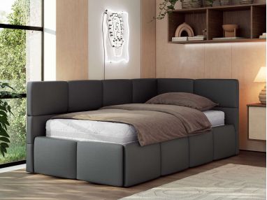 Łóżko młodzieżowe - ARVO 90x200 - materac pocket - szary, ekoskóra - strona prawa