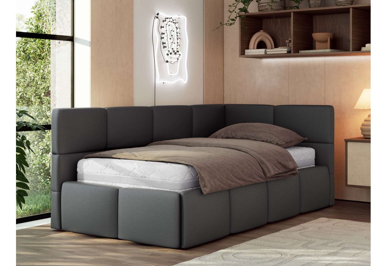 Łóżko młodzieżowe - ARVO 90x200 - materac pocket - szary, ekoskóra - strona prawa