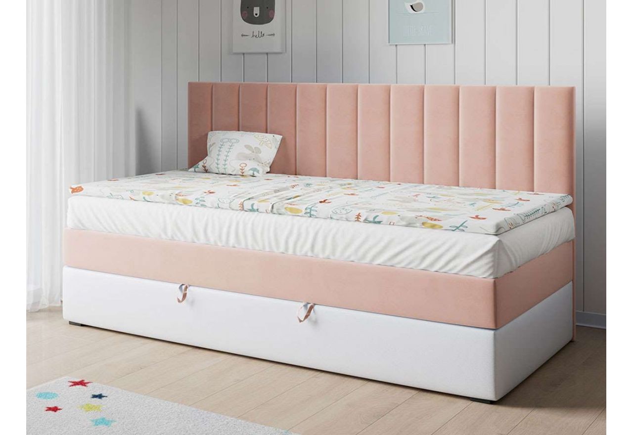 Różowo-białe pojedyncze łóżko kontynentalne z pojemnikiem na pościel dla dziewczynki - LAURA 2 Magic Velvet 2253 / Madryt 920
