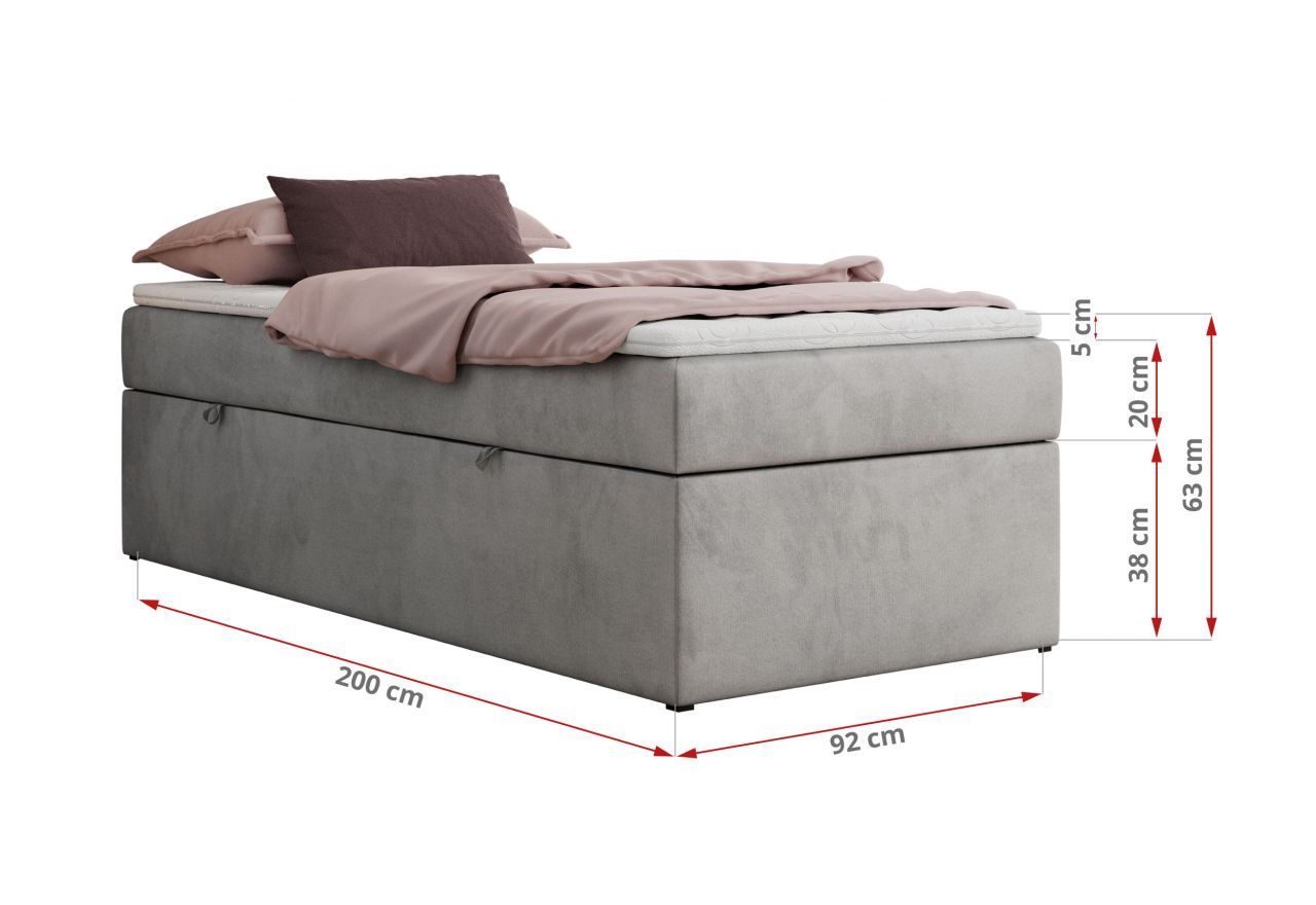 Łóżko kontynentalne ZERO 90x200 - H3 - jasnoszary, welwet - topper T25