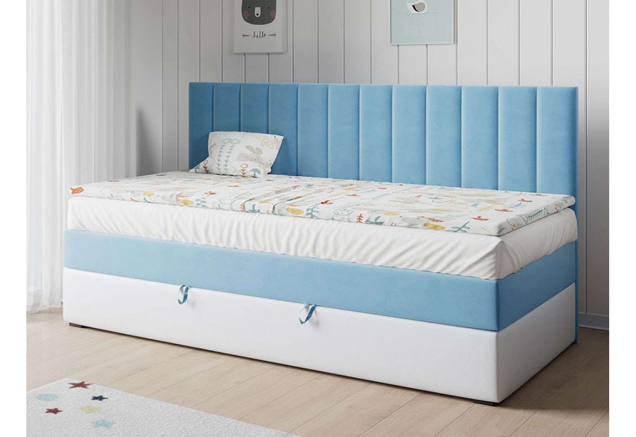 Luksusowe kontynentalne łóżko jednoosobowe dla dziecka do jego sypialni - LAURA 2 biała ecoskóra i błękitny welwet