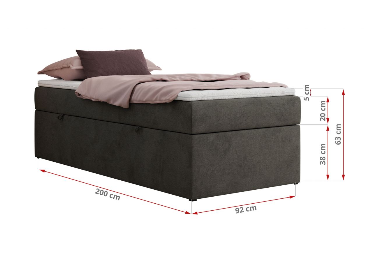 Łóżko kontynentalne ZERO 90x200 - H3 - ciemnoszary, welwet - topper Visco