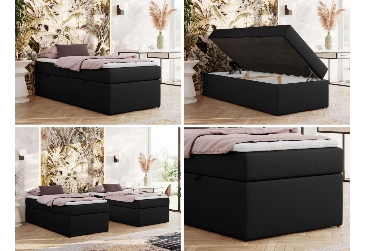 Łóżko kontynentalne ZERO 90x200 - H3 - czarny, ekoskóra - topper Visco