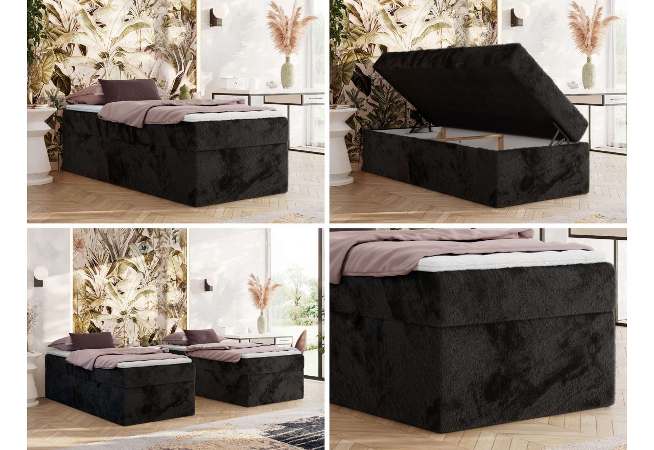 Łóżko kontynentalne ZERO 90x200 - H3 - czarny, plusz - topper Visco