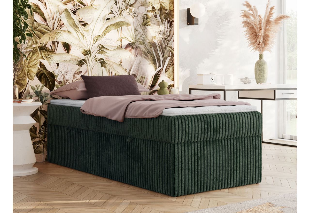 Łóżko kontynentalne ZERO 90x200 - H3 - ciemnozielony, sztruks - topper Visco