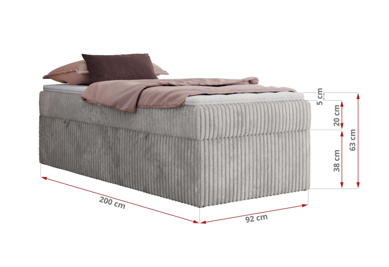 Łóżko kontynentalne ZERO 90x200 - H3 - jasnoszary, sztruks - topper Visco