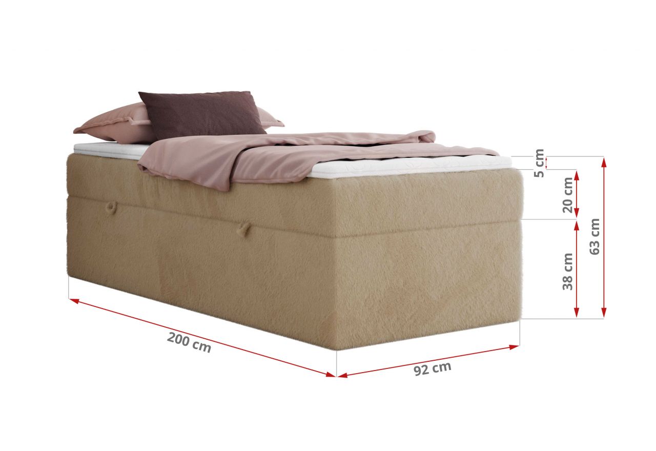 Łóżko kontynentalne ZERO 90x200 - H4 - beżowy, plusz - topper Visco