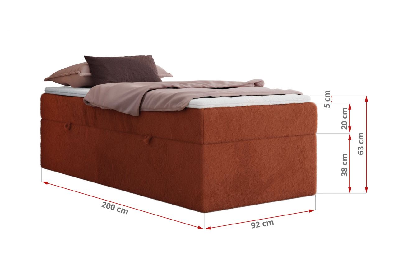 Łóżko kontynentalne ZERO 90x200 - H4 - pomarańczowy, plusz - topper Visco