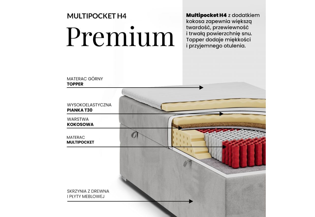 Łóżko kontynentalne ZERO 90x200 - H4 - brązowy, sztruks - topper Visco