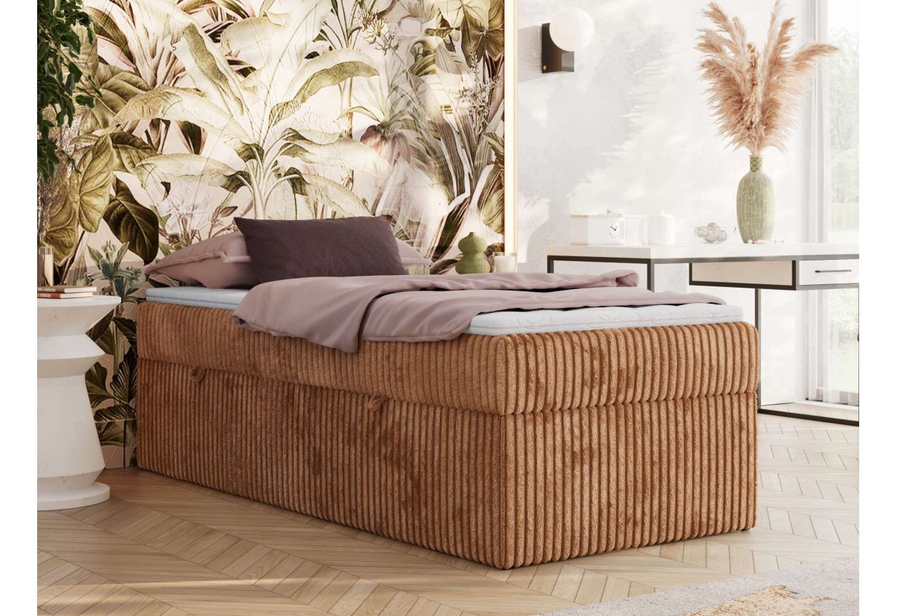 Łóżko kontynentalne ZERO 90x200 - H4 - pomarańczowy, sztruks - topper Visco