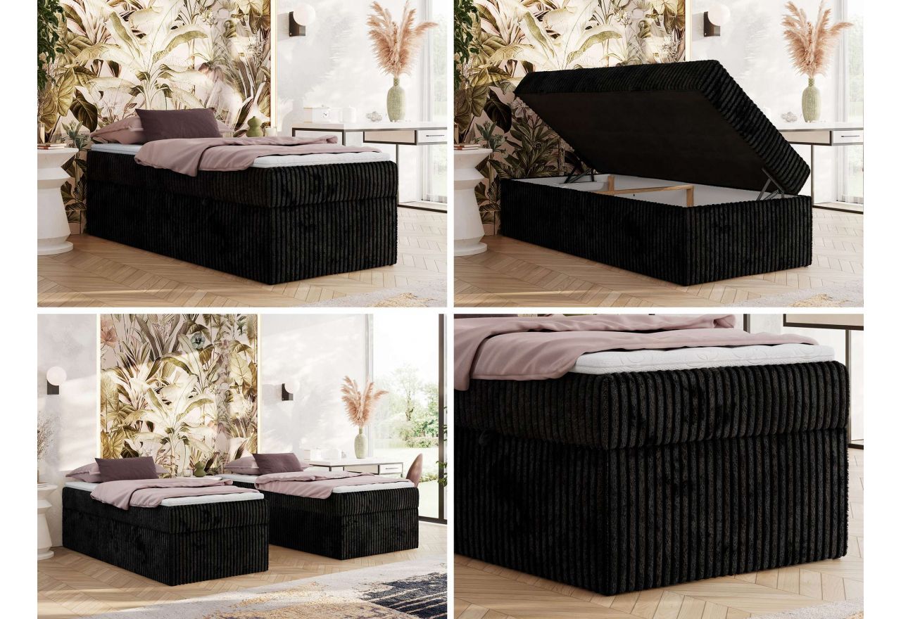 Łóżko kontynentalne ZERO 90x200 - H4 - czarny, sztruks - topper Visco