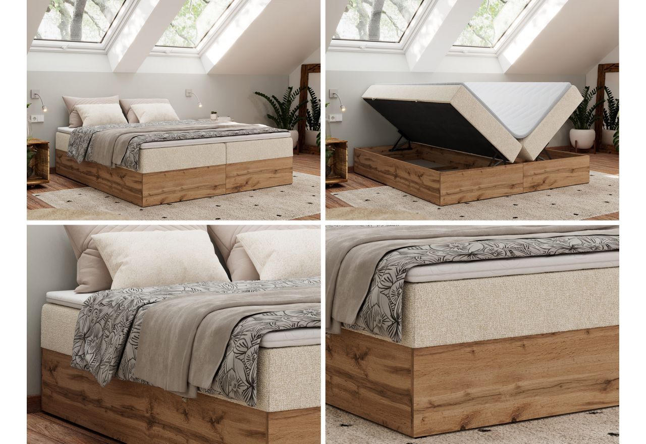 Łóżko kontynentalne - WOOD ZERO 180x200 - H4 - kremowy, struktura - topper T25