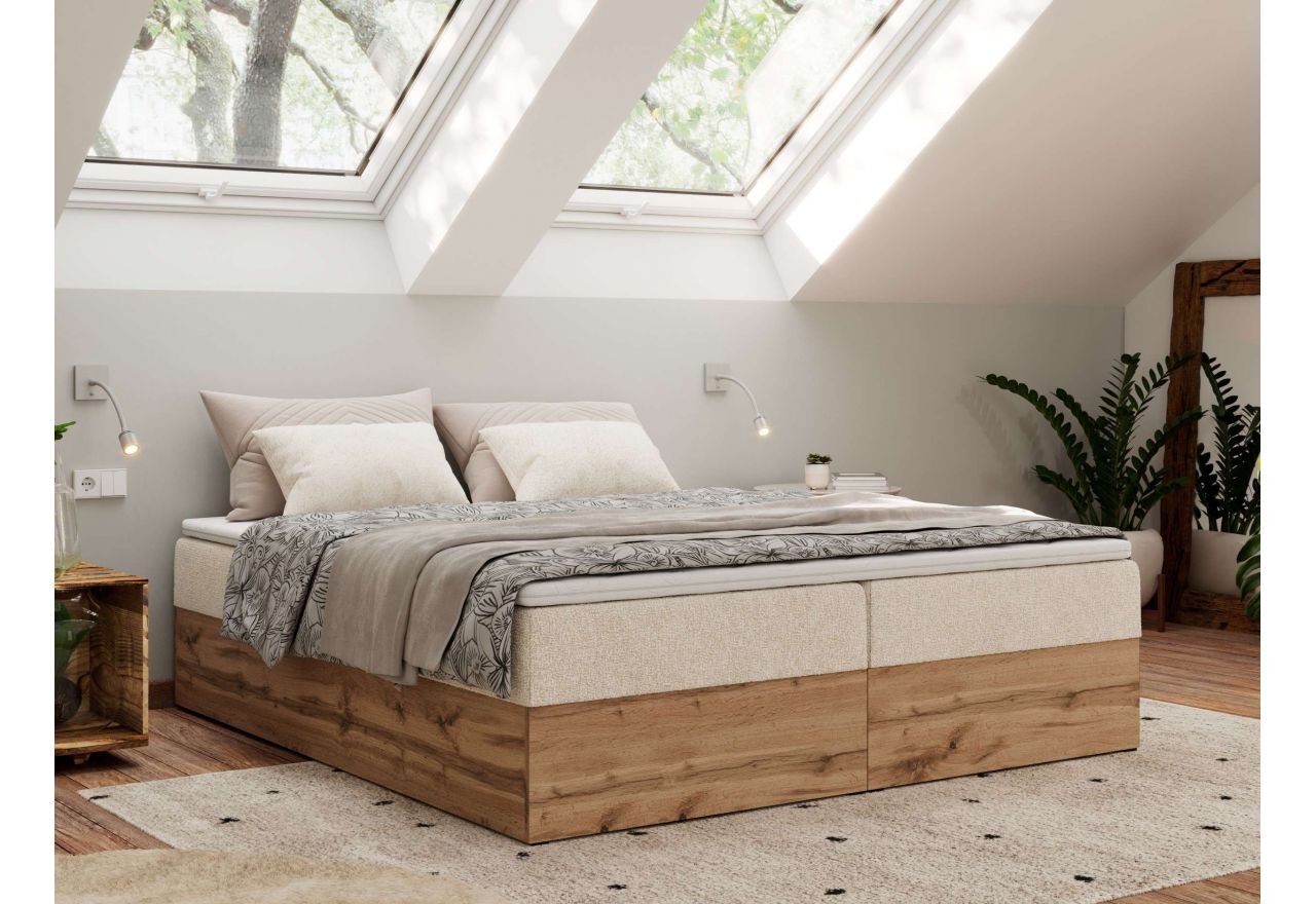 Łóżko kontynentalne - WOOD ZERO 200x200 - H4 - kremowy, struktura - topper T25