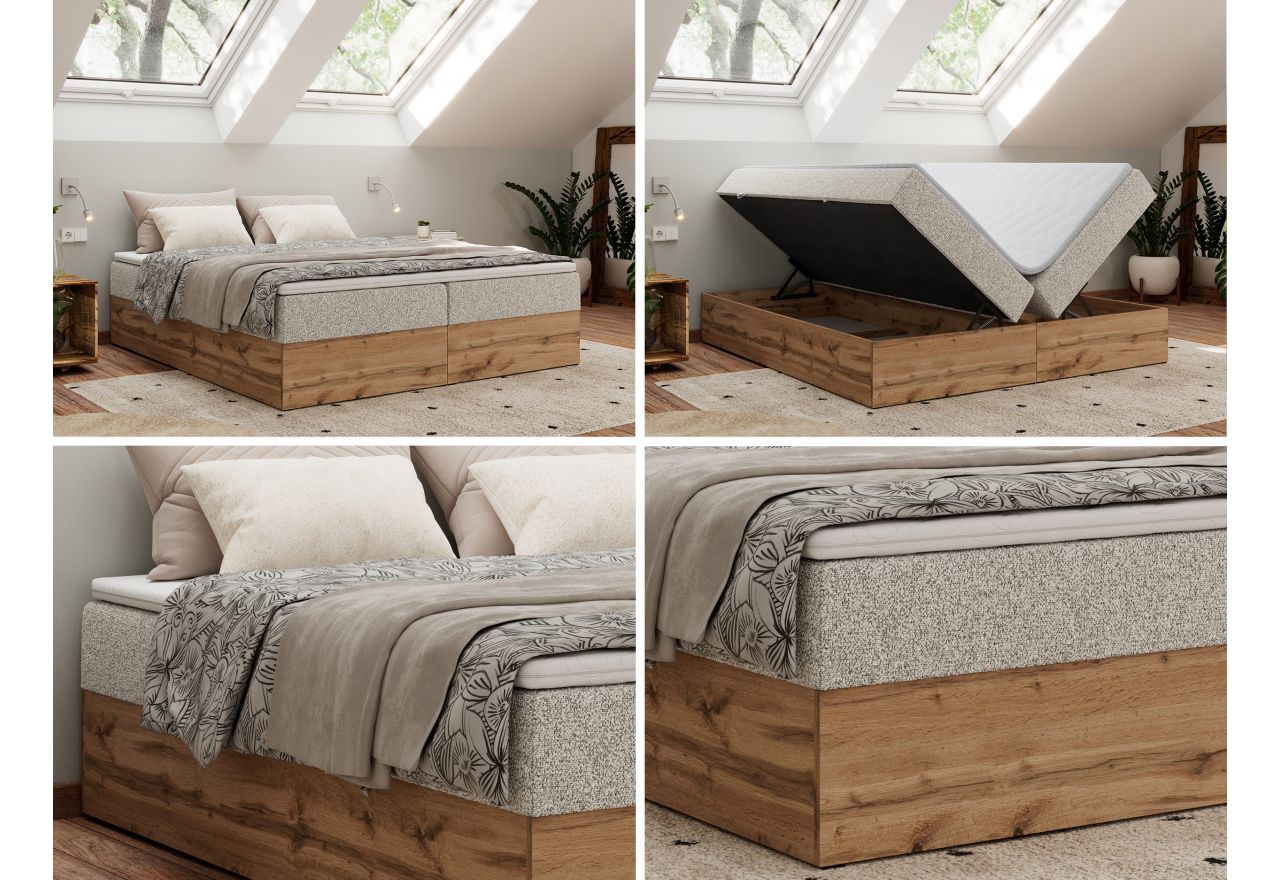 Łóżko kontynentalne - WOOD ZERO 140x200 - H4 - jasnoszary, struktura - topper T25