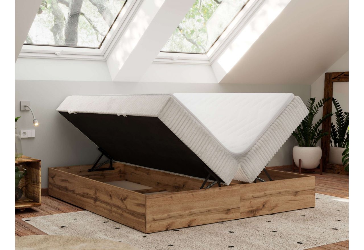 Łóżko kontynentalne - WOOD ZERO 140x200 - H4 - beżowy, sztruks - topper T25