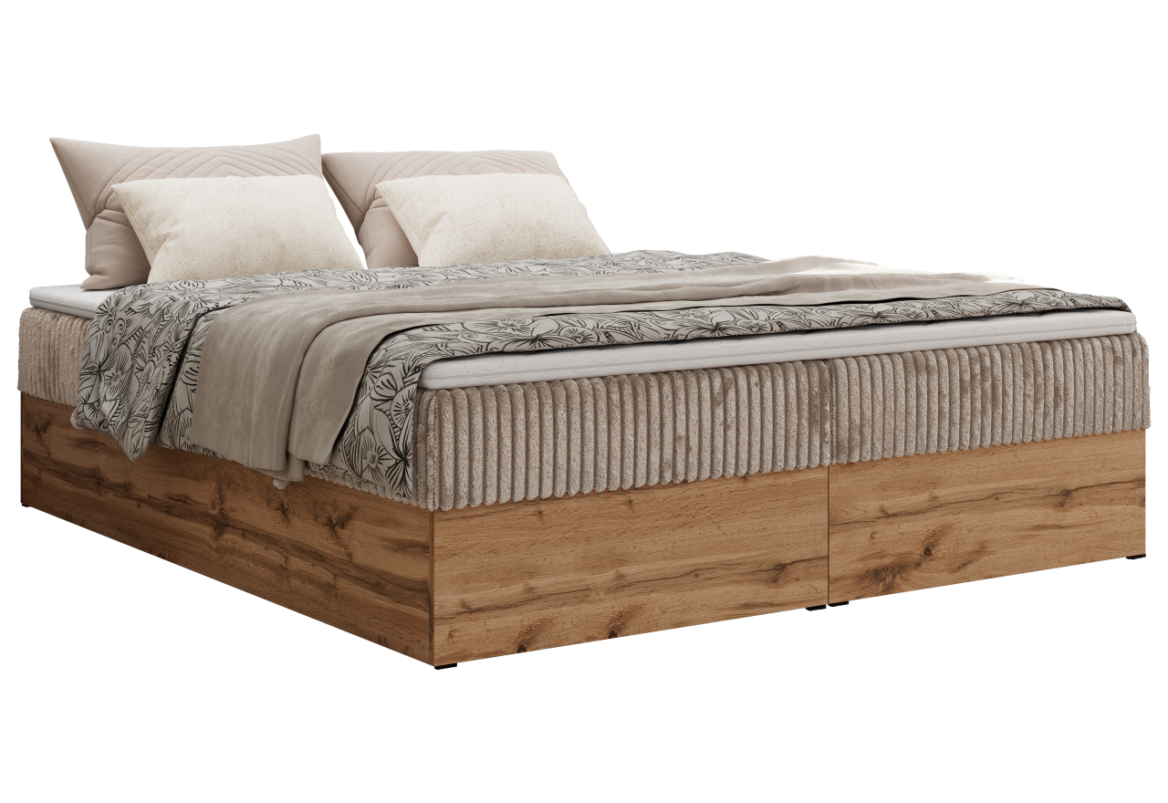 Łóżko kontynentalne - WOOD ZERO 180x200 - H4 - jasnobrązowy, sztruks - topper T25