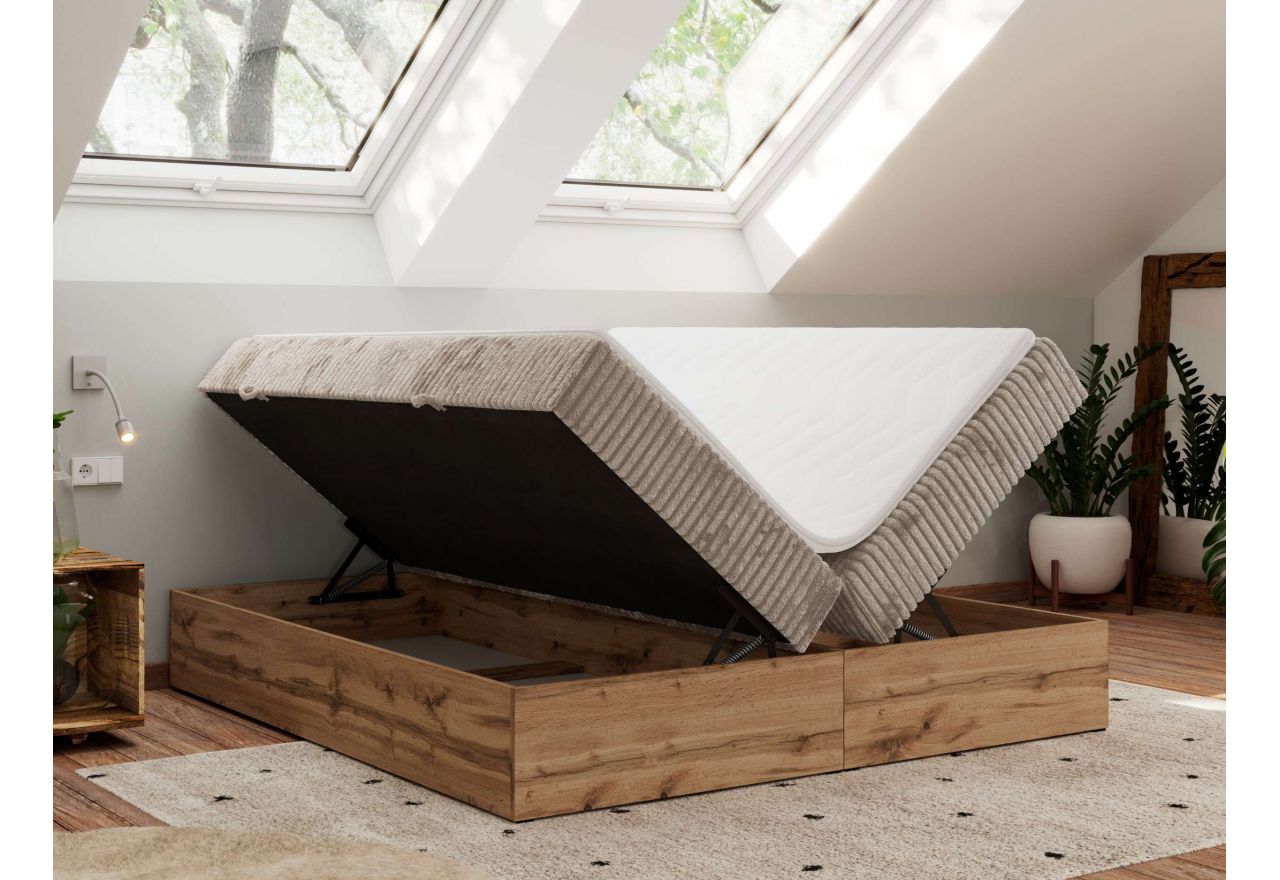 Łóżko kontynentalne - WOOD ZERO 180x200 - H4 - jasnobrązowy, sztruks - topper T25