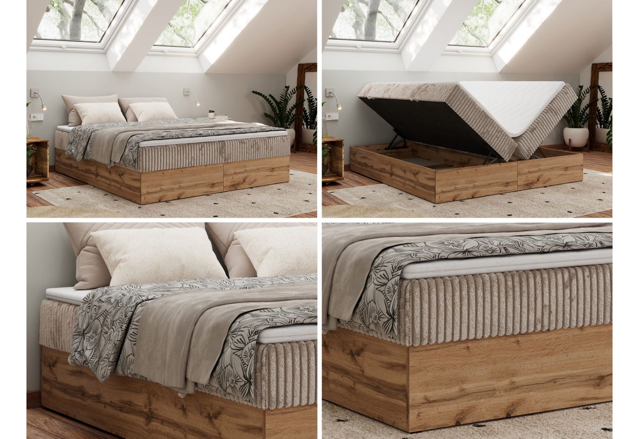 Łóżko kontynentalne - WOOD ZERO 180x200 - H4 - jasnobrązowy, sztruks - topper T25