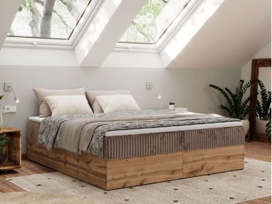 Łóżko kontynentalne - WOOD ZERO 140x200 - H3 - brązowy, sztruks - topper T25