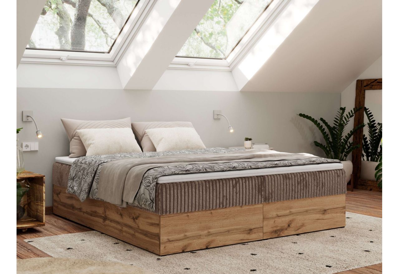 Łóżko kontynentalne - WOOD ZERO 140x200 - H3 - brązowy, sztruks - topper T25
