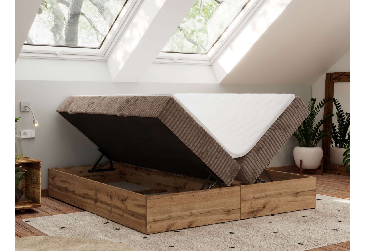 Łóżko kontynentalne - WOOD ZERO 160x200 - H4 - brązowy, sztruks - topper T25