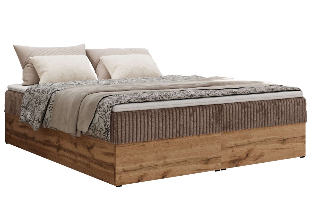 Łóżko kontynentalne - WOOD ZERO 200x200 - H4 - brązowy, sztruks - topper T25